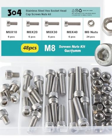 GuoYomm M8 x 10mm 20mm 30mm 40mm Hex Socket Head Cap Screws Bolts and Nuts, Stainless Steel 304, Bright Finish, Metric Allen Drive, Fully Thread, Assortment Kit 48PCS