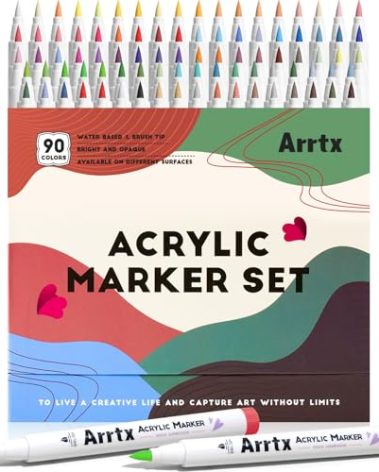 Arrtx Acrylic Markers 90 Colors, Premium Brush Tip Acrylic Paint Pens, Water Based Ink, No Toxic, Water Resistant Paint Markers for Rock Painting Wood Stone Glass Fabric DIY Project