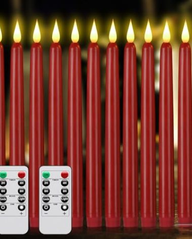 Flameless Taper Candles with Remote Control,3/6/9/12/15pack Plastic LED Candle, Flickering Battery Operated, 9.2'’Classic Tall Candle for Wedding, Party,Christmas,Home Decor (12PACK, Red)