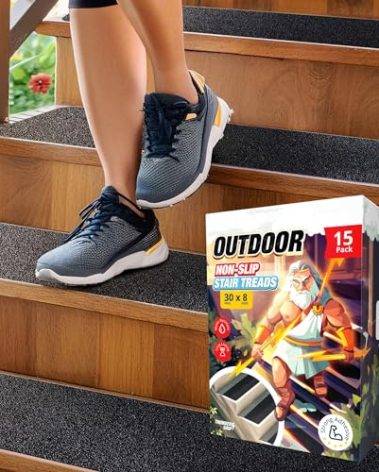 Outdoor Stair Treads Non Slip 30" x 8" - 15-Pack Weather Resistant Exterior Grip Tape for Wooden Steps - Non Slip Stair Treads - Anti Skid Strips - Waterproof 80-Grit Adhesive Treads by Thunder Grip