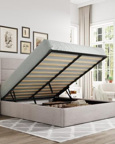 Allewie Full Size Lift Up Storage Bed, Modern Wingback Headboard, Hydraulic Support, No Box Spring Needed, Light Beige