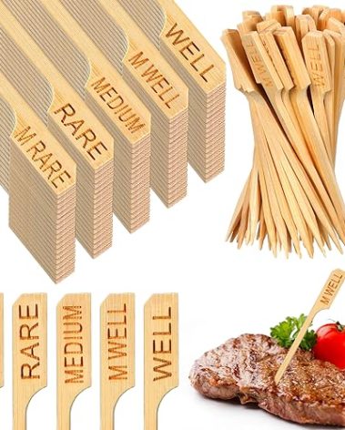 Soaoo 1000 Pcs 3.5" Assorted Bamboo Wood Temperature Picks Steak Temperature Sticks Meat Doneness Steak Markers Bamboo Paddle Skewers Sticks for BBQ Barbecue Party Cocktail Fruit Grilling Roasting