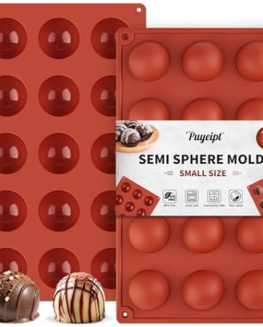 Puyeipt 2 Pack Semi Sphere Silicone Molds, 1.5 Inch Hot Chocolate Bomb Molds 15 Cavity Half Sphere Silicone Baking Molds for Chocolate, Cake, Jelly, Dome Mousse