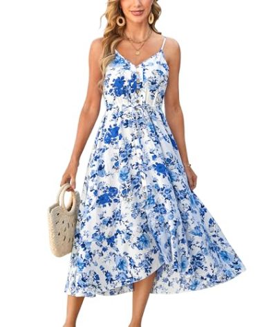 BROVAVE Women's 2025 Summer Casual Boho Sundress Polka Dot Spaghetti Strap V Neck Flowy Midi Dresses(008 White Blue Rose, X-Large)