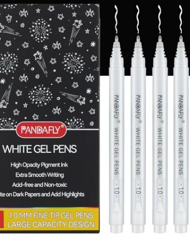 PANDAFLY White Gel Pens, 1 mm Extra Fine Point Gel Ink Pens, Opaque Archival Ink Pens for Black Paper Drawing, Sketching, Card Making, White Gel Pen for Art Highlight & Artists Drawing, 5 Pack