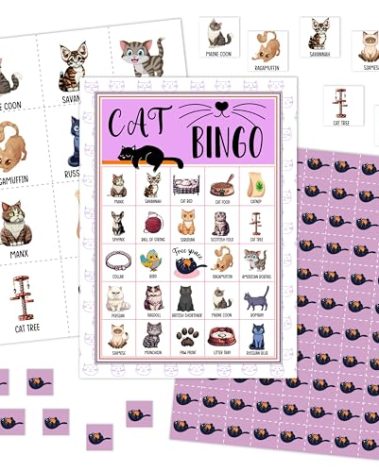 Cat Bingo Games Cards, Kitten Bingo Game Set, Paw Print Bingo Party Game, Pet Bingo Supplies for Adults Cat Lovers Cat Owners, Cat Birthday Party Decorations -05
