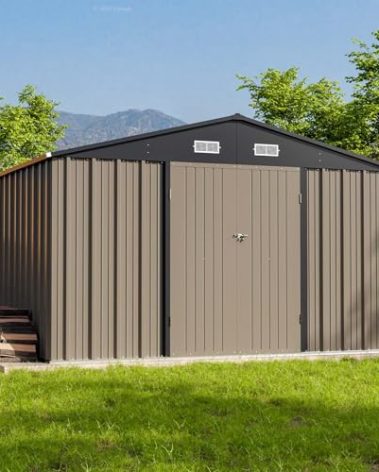 Patiowell 10 x 8 FT Outdoor Storage Shed, Large Garden Tool Metal Shed with Sloping Roof and Double Lockable Door, Outdoor Shed for Backyard Garden Patio Lawn, Brown