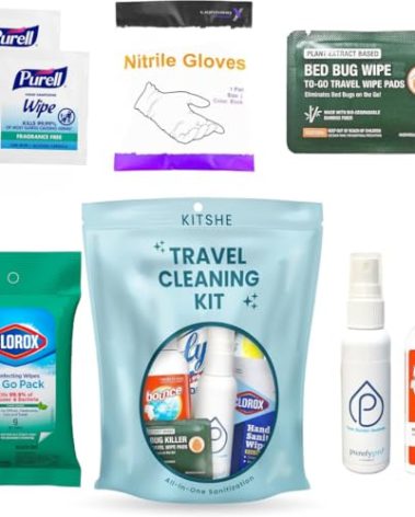 Travel Cleaning Supplies Kit - Travel Size Cleaning Supplies For Hotels, Bathrooms with Gloves, Surface Wipe, Fabric Cleaner, Air Cleaner, Hand Wipes, Bed Bug Wipes