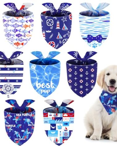 Xuniea 8 Pcs Nautical Dog Bandana Summer Puppy Bandanas Dog Ocean Triangle Scarf Adjustable Washable Pet Bibs Birthday Party Gifts