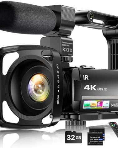 4K Video Camera Camcorder 64MP Vlogging Camera for YouTube 3.0" Touch Screen 18X Digital Zoom IR Night Vision with External Stereo Microphone,Remote,Lens Hood,Handheld Stabilizer,32G Card &2 Batteries