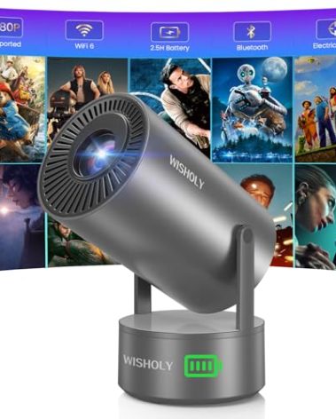 WISHOLY Projector with WiFi and Bluetooth, Mini Portable Projector with Built-in Rechargeable Battery for Outdoor, 1080P Supported, Electric Focus & Auto Keystone, Home Theater with 210° Mount