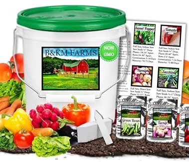 B&KM Farms 20,000+ Survival Seed Kit 5+ Year Supply. 30 Fruit & Vegetable Non-GMO Heirloom Seeds for Planting a Home Garden. Secure Emergency Weather-Proof Bucket