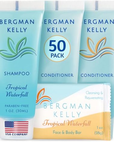 BERGMAN KELLY Rectangular Hotel Soap Bars, Shampoo & Conditioner 3-Piece Set (1 oz each, 150 pc, Tropical Waterfall), Delight Guests w/Invigorating & Refreshing Bulk Travel Size Hotel Toiletries