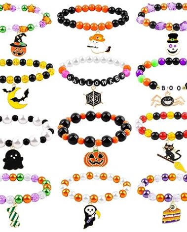 DULEFUN 12pcs Halloween Bracelets for Kids, Halloween Party Favors Bead Bracelets and Charms Set Trick or Treat for Boys Girls Halloween Goodie Bag Fillers