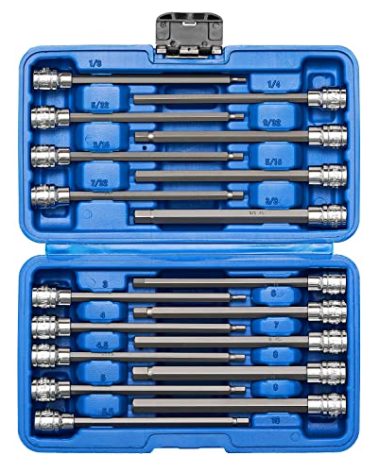 Mayouko 3/8" Drive Extra Long Allen Hex Bit Socket Set, S2&CR-V, Metreic&SAE, 18 Pieces, 1/8" - 3/8", 3-10 mm