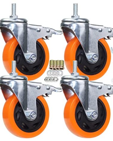 Heavy Duty Stem Caster Wheels M10-1.5X25mm Dual Locking No Noise PVC Threaded Stem Caster Wheels Pack of 4 for Workbench, Dolly, Furniture (4 Inch, Orange)