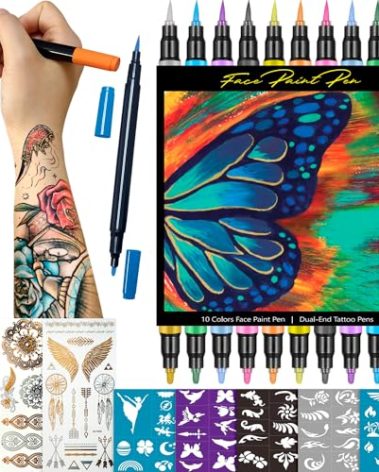 Temporary Tattoo Markers for Skin - Dual Tip 10 Colors Tattoo Pens for Skin Temporary, Washable Metallic Tattoo Markers with Stencils, Flexible Body Markers, Skin-Safe Face Paint Kit for Kids Adults