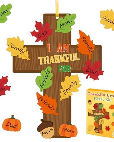 Haooryx Fall Christian Cross Craft Kit - 28Pack Make Your Own Religious Thanksgiving Thankful Cross Hanging Ornament DIY Thankful Craft Religious Classroom Sunday School Church Give Thanks Party Decor