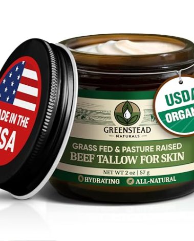 Greenstead Naturals Organic Beef Tallow for Skin – USDA-certified Whipped Tallow Balm for Skin Face and Body with Jojoba Oil and Cocoa Butter – Unscented and Herb-Infused – 2 oz.