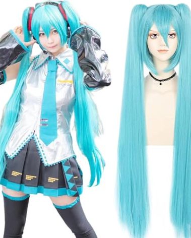 Blue Cosplay Wig for Women with Two Detachable Ponytail, 47 Inch/120cm Long Hair Long Straight Synthetic with Bangs for Halloween Costume Party Anime (Blue)