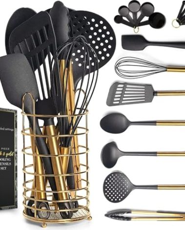 Black and Gold Kitchen Utensils Set with Stainless Steel Holder – 18-Piece Nylon Cooking Utensils with Measuring Cups and Spoons – Stylish Gold Kitchen Accessories for Baking and Cooking