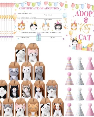 Cinnvoice 65 Pcs Adopt a Cat Party Favors, 16 Stuffed Cat Animals 16 Boxes 16 Cute Birthday Hats 16 Adoption Certificate Card 1 Adoption Sign for Adopt a Pet Party Favor Supplies(Box,Kraft)