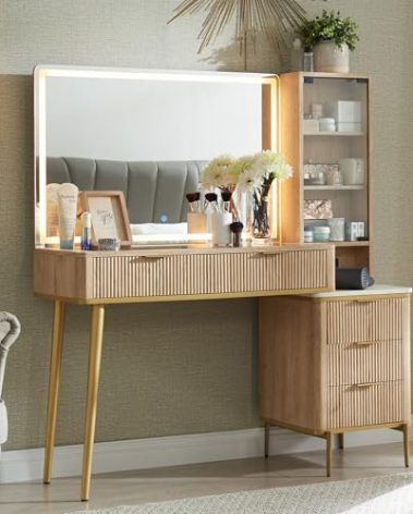 T4TREAM Fluted Makeup Vanity Desk with 36" HD Lighted Mirror, 48" Big Modern Vanity Desk with Mirror and Lights, Dressing Table with 5 Drawers & Shelves, Glass Top for Bedroom (Natural Oak)