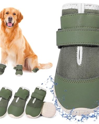 DcOaGt Dog Shoes for Large Dogs, Mesh Breathable Dog Boots & Paw Protectors for Hot Pavement Summer Winter Snow, 360° Anti-Slip Dog Booties for Hiking/Walking,Military Green 4PCS(Size 8)