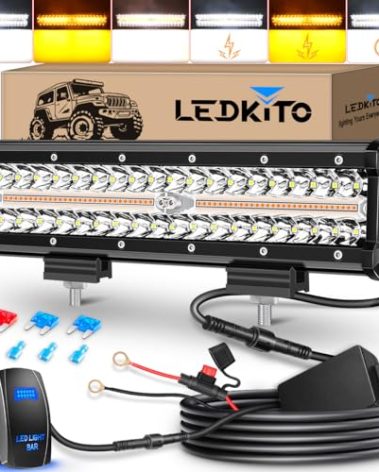 LEDKITO 12 inch LED Light Bar Kit Amber White 6 Modes Strobe Off Road Spot Flood Combo Dual Color LED Bar Flashing Emergency Off-Road Light with Rocker Switch Wiring Harness Kit