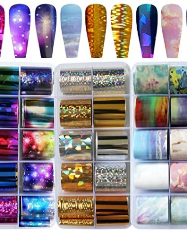 LoveOurHome 30 Sheet Holographic Nail Transfer Foils Marble Starry Sky Gold Silver Nails Art Foil Stickers Decals Manicure Fingernail Tattoo Decorations Accessories for Acrylic Tips Crafts