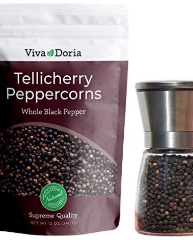 Viva Doria Tellicherry Peppercorn, Steam Sterilized Whole Black Pepper, Black Peppercorns, 12 Oz (Pepper+Grinder)