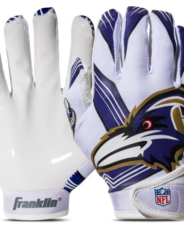 Franklin Sports Baltimore Ravens Youth NFL Football Receiver Gloves - Receiver Gloves For Kids - NFL Team Logos and Silicone Palm - Youth M/L Pair