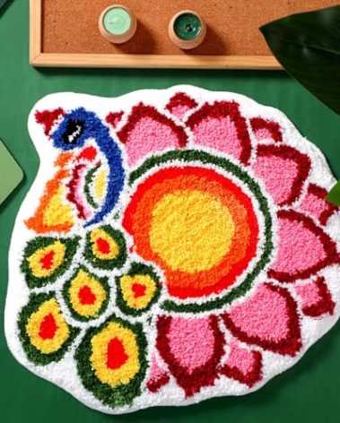 Drydiet 20 Inch Diwali Rangoli Mat Decorations Indian Diwali Door Mat for Home Peacock and Petals Decoration Non Slip Washable Rug for Indian Traditional Pooja New Year Entrance Gift