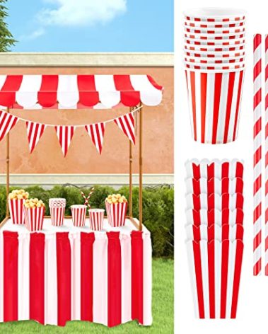 Meooeck 75 Pcs Carnival Circus Concession Stand Decor Kit Red White Striped Table Skirt and Pennant with Red White Striped Popcorn Boxes and Straws for Carnival Party Supplies