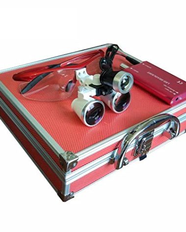 Glasses Magnifier with Illumination Led Head Light Lamp Lab Equipment 3.5X Aluminum Box Loupe（Red Color）