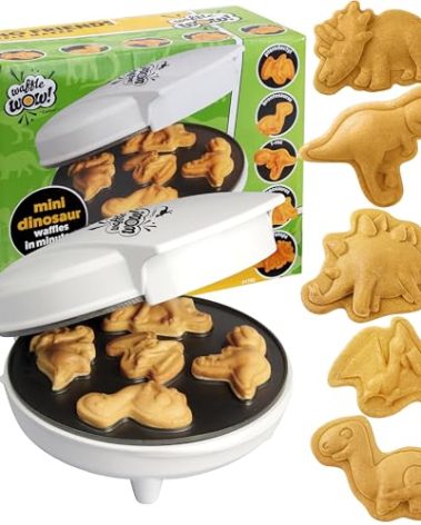 Dinosaur Mini Waffle Maker- 5 Different Double Sided 3D Shaped Dinos in Minutes- Breakfast Fun for Kids Adults w Cool Novelty Pancakes, Electric Baker, NonStick Waffler Iron w Recipe Guide, Xmas Gift