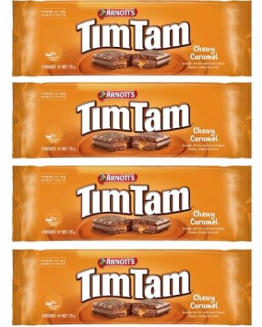 Arnott’s Tim Tam Chewy Caramel Chocolate Biscuits – 4 Pack (175g Each) – Made in Australia – Classic Australian Treat
