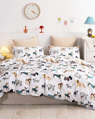 Ivellow 100% Cotton Queen Duvet Cover Set, Cartoon Dog Puppy Patterned Kids Duvet Cover for Boys Girls Soft Bedding Sets 3Pcs White Comforter Cover with Zipper Closure 2 Pillowcases, (No Comforter)