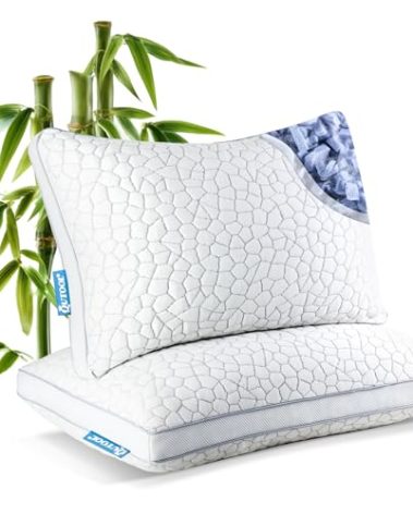 Shredded Memory Foam Pillows 2 Pack, Rayon Derived from Bamboo Pillow Queen Size Set of 2, Cooling Gel Pillows for Sleeping, Adjustable Pillow for Side Stomach and Back Sleepers with Washable Cover
