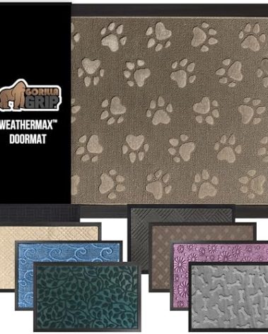 GORILLA GRIP 100% Waterproof All-Season WeatherMax Doormat 35x23, US Designed Natural Rubber, Stain and Fade Resistant, Low Profile Indoor Outdoor Door Mats, Easy Clean Patio Mat, Tan Pawprints