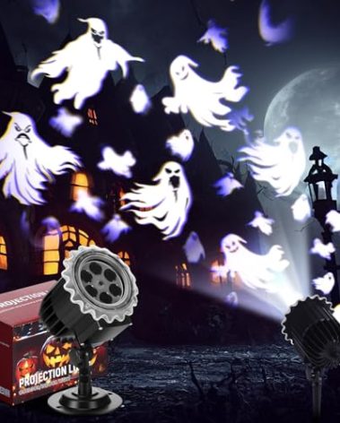 Lingvee Halloween Projector Light with 1 Film Slides Holiday LED Projector Lights Outdoor Reflectors Waterproof Landscape Decorative Rotation Lighting Movement Projection Lamp(Ghost)