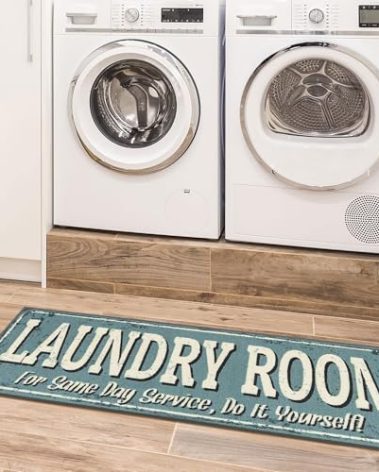 Machine Washable Text Design Rug Non-Slip Rubberback 2x5 Laundry Room Runner Rug for Bathroom, Washroom, 20" x 59", Baby Blue