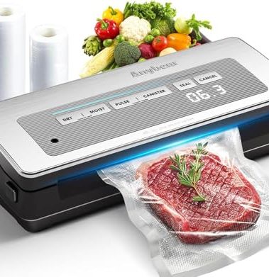 Vacuum Sealer Machine, 90kPa 120W Powerful Food Sealer Build-in Cutter and Bag Storage, Digital Countdown Display, Dry&Moist Mode, Wide Seal, 2 Bag Rolls & 5 Pre-Cut Bags for Food Saver (Silver)