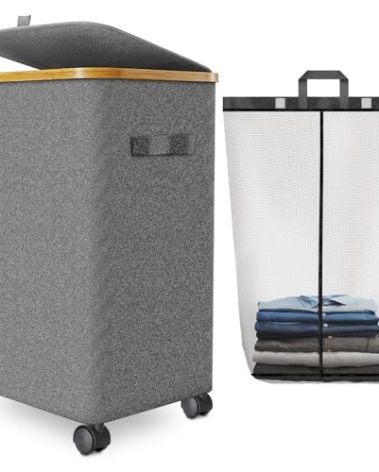 Laundry Hamper with Wheels,20 Gal (75L) Laundry Basket with lid Rolling Clothes Hamper Foldable Dirty Clothes Basket on wheels with Bamboo Frame and Bag for Bedroom, Dorm, Laundry Room-Grey