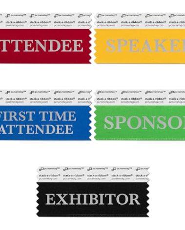 pc/nametag Conference Badge Ribbons with Adhesive, 3-1/2" x 1-5/8", 100pk, Nametags Under 4”, (50 Attendee, 20 First Time, 10 Sponsor, 10 Exhibitor, 10 Speaker), for Events, Meetings, Trade Shows