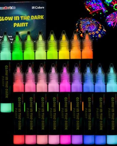 FansArriche Glow in the Dark Fabric Paints, 18 Colors x 20 ml 3D Waterproof Acrylic Textile Paint Markers, Glow in Dark Paint Pen, DIY Neon Fabric Paints for Clothes, Canvas