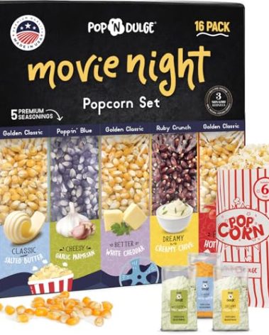 Pop n' Dulge Popcorn Movie Night Supplies 16 pcs Gift Set, 5 Gourmet Popcorn Kernels, 5 Seasoning Variety Packs Non-GMO Kosher Snacks, Great Housewarming Family Date Night Gifts Basket Ideas For Him Her