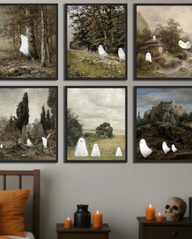 LANCHI95 6 Pcs 8x10in Halloween Wall Art Prints, Vintage Posters, Cute Ghost Pictures for Bedroom Decor (UNFRAMED)