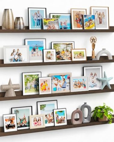 Forbena Large Floating Shelves for Wall with Lip 4-Pack, 48 Inches Long Rustic Farmhouse Picture Wall Shelf for Classroom Library, Narrow Wooden Picture Ledge Shelf for Photo Frames Books (Dark Brown)