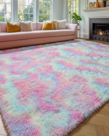 Amdrebio Rainbow Area Rugs for Girls Bedroom Kids Room Decor, 9x12 Large Pastel Colorful Rug for Playroom, Cute Unicorn Shaggy Rugs for Baby Princess, Kawaii Fluffy Plush Big Carpet for Living Room